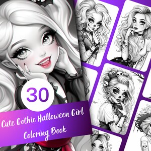 Cute Gothic Halloween Girl Coloring Book - 30 Page Grayscale Coloring Book for Kids and Adults, Instant Download, Printable PDF