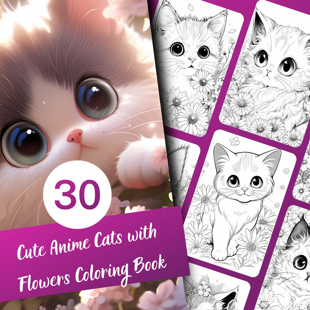アニメ猫と花の塗り絵：30ページのかわいいアート（印刷可能なPDF） - Etsy 日本, image size:1080x1080