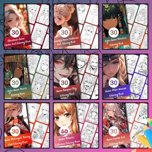 anime coloring book bundle preview showing fantasy and character themed anime coloring books, including ballerina, vampire, priestess and racing girl digital coloring books