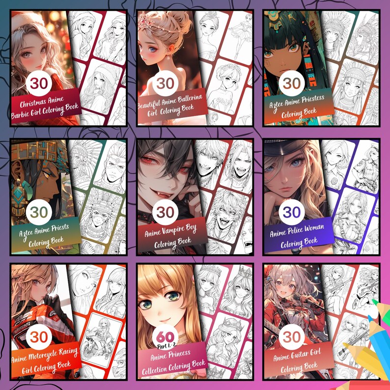 anime coloring book bundle preview showing fantasy and character themed anime coloring books, including ballerina, vampire, priestess and racing girl digital coloring books