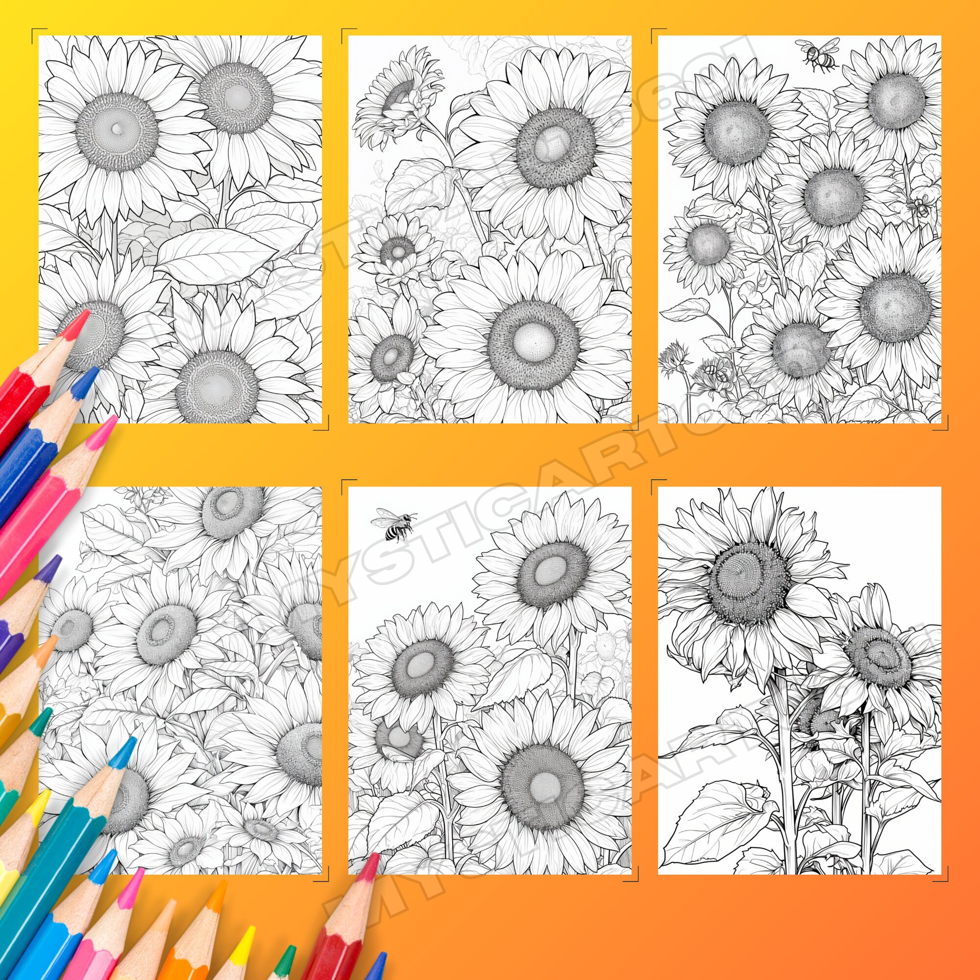 Sunflower Grayscale Coloring Book – 60 Page Flower Art (printable PDF ...