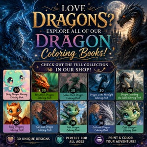 Cute Etsy dragon coloring book collection collage featuring baby dragons, gothic dragons, fantasy dragon scenes, moonlight dragons, castle dragons, and girl with dragon coloring books.
