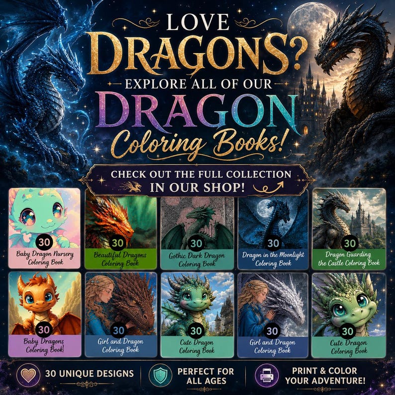 Cute Etsy dragon coloring book collection collage featuring baby dragons, gothic dragons, fantasy dragon scenes, moonlight dragons, castle dragons, and girl with dragon coloring books.