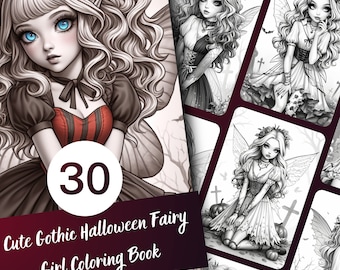 Gothic Halloween Fairy Girl Coloring Book for Adults and Teens, 30 Grayscale Coloring Pages, Printable PDF Instant Download