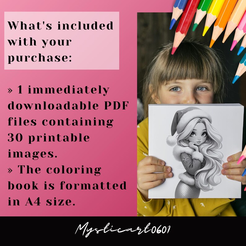 Cute Christmas Mermaid Girl Coloring Book – 30 grayscale coloring pages for kids and adults. This printable PDF is perfect for holiday fun, featuring cute mermaid art, Christmas coloring pages, and grayscale book designs. Enjoy instant download coloring pages that make a great mermaid gift or digital coloring activity. Includes a 30-page book of Xmas mermaid coloring, printable PDF art, and grayscale pages for festive creative fun.