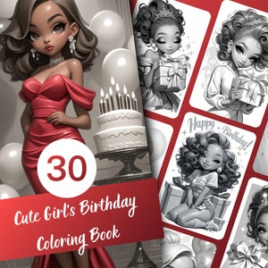 Cute Girl's Birthday Coloring Book - 30 Page Grayscale Coloring Book for Kids and Adults, Instant Download, Printable PDF