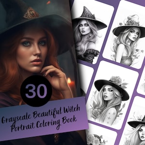 Grayscale Beautiful Witch Portrait Coloring Book, 30 Page Grayscale Bewitching Coloring Book for Adults, Instant Download, Printable PDF