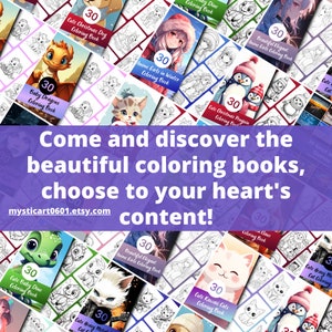 Może przedstawiać: Kolekcja 30-stronicowych książek do kolorowania z r&oacute;żnymi motywami, w tym uroczymi zwierzętami, dziewczynami z anime i świątecznymi wzorami. Książki są wyświetlane w formie kolażu z tekstem "Przyjdź i odkryj piękne książki do kolorowania, wybierz wedle uznania!" i adresem strony internetowej "mysticart0601.etsy.com".
