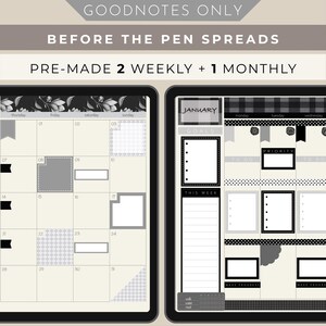 Puede incluir: Planificador digital en blanco y negro con patrones florales y a cuadros. El planificador incluye un calendario mensual, un calendario semanal y secciones para objetivos, listas de tareas y prioridades.