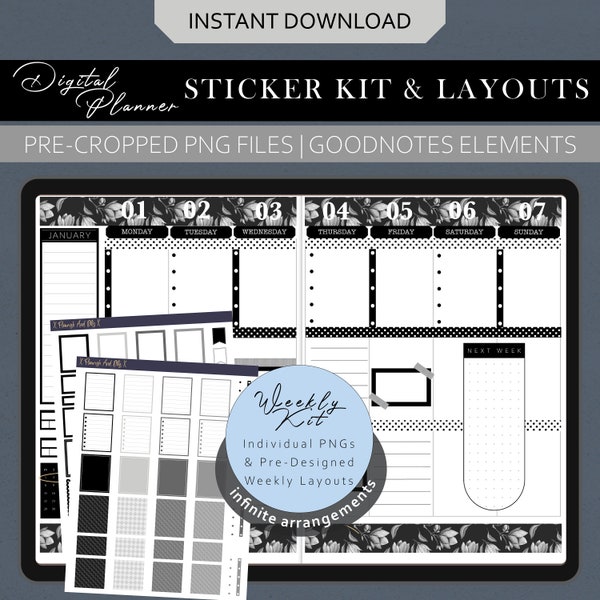 BUNDLE Weekly Sticker Kit + Goodnotes Planner Layout | Pre-Cropped PNG | Digital Bullet Scrapbook Journal | Black and White Greyscale
