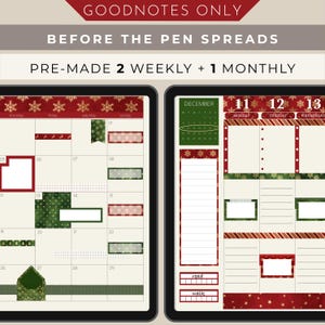 Puede incluir: Una página de planificador digital con un tema navideño. La página semanal tiene un fondo verde y dorado con copos de nieve y un borde rojo y dorado. La página mensual tiene un fondo rojo y dorado con copos de nieve y un borde blanco. El texto "DICIEMBRE" es visible en la página mensual. El texto "LUNES", "MARTES" y "MIÉRCOLES" es visible en la página semanal. El texto "leer" y "caminar" es visible en la página mensual.