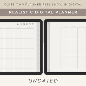 Könnte beinhalten: Ein digitales Planer-App-Mockup mit einer Monatskalenderansicht für August und einer Wochenansicht. Die App hat ein klassisches Planer-Feeling und ist undatiert.