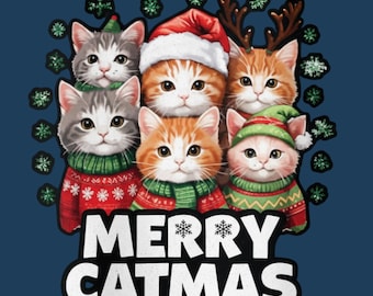 Merry Catmas PNG für Frauen - Lustige Katze Weihnachten T-Shirt Design, Katzenliebhaber Urlaub Grafik, transparenter Hintergrund, 300 DPI, digitaler Download