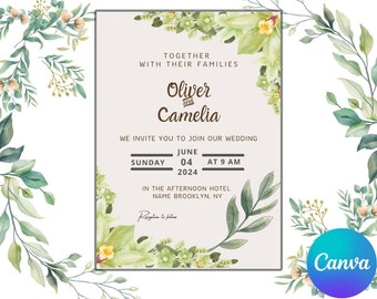 Greenery Wedding Invitation Template, Eucalyptus Wedding Invitation card, Wildflower Invitation, Printable Wedding Invitation | CATALINANR |