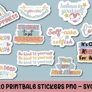 Disegni di adesivi digitali per la salute mentale, 20 adesivi stampabili PNG-SVG, adesivi per pianificatore digitale preritagliati, adesivi GoodNotes