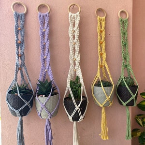 May include: Five macrame plant hangers with wooden rings and beads, each holding a potted succulent plant. The hangers are in various colours, including purple, white, yellow, and green.