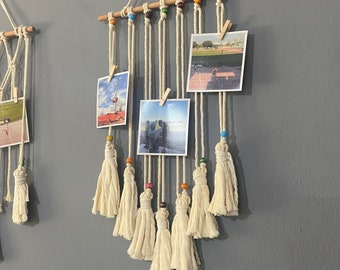 Suporte para fotos em macramê, expositor de fotos em estilo boho, decoração de parede para dormitório com colagem, expositor de fotos Instax, presentes de Natal, inclui prendedores de madeira H02