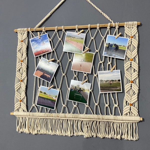 Suspension photo en macramé, présentoir photo ficelle bohème, décoration murale collage pour dortoir, présentoir photo Instax, cadeaux de Noël, clips en bois inclus H02