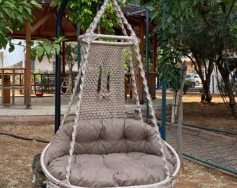 Gran columpio de macramé, decoración boho para balcón y jardín