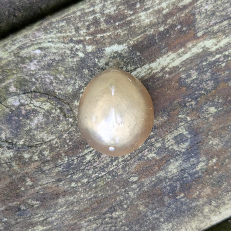 May include: A golden-colored, egg-shaped object with a smooth, reflective surface. The object is set against a weathered, wooden background with visible grain and knots. The egg shape is the focal point.