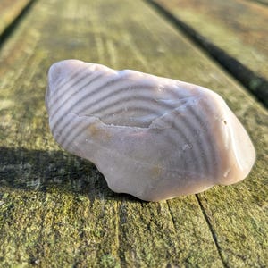 以下が含まれることがあります： 白とグレーの縞模様の火打石のクローズアップ。石は滑らかで丸みを帯びた表面をしていて、木製の表面の上に置かれています。