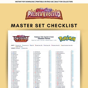 May include: A checklist for the Pokémon TCG Scarlet & Violet Obsidian Flames set. The document includes a master set tracker with 230 cards, released August 11, 2023. The checklist features the Scarlet & Violet and Pokémon logos.