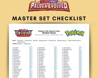 May include: A checklist for the Pokémon TCG Scarlet & Violet Obsidian Flames set. The document includes a master set tracker with 230 cards, released August 11, 2023. The checklist features the Scarlet & Violet and Pokémon logos.
