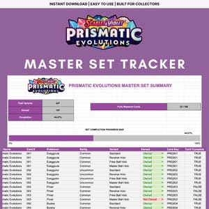 May include: A digital Scarlet and Violet Prismatic Evolutions master set tracker spreadsheet. The purple interface displays a summary table with 447 total variants, 197 owned, and 44.07% completion, alongside a progress bar and a detailed card list.