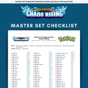 Lista de cartas del set maestro Mega Evolution Chaos Rising de Pokémon TCG / Rastreador en PDF imprimible / 122 cartas / Descarga digital para iPad de GoodNotes