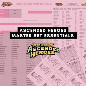 May include: A pink and white Ascended Heroes Master Set Essentials checklist with a Mega Evolution Ascended Heroes logo and several trading cards. The checklist includes card details and completion progress.