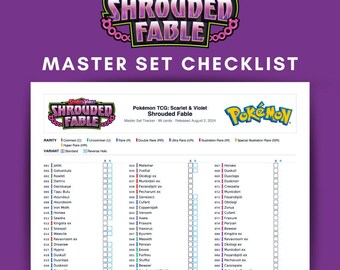 May include: A master set checklist for the Pokémon TCG: Scarlet & Violet Shrouded Fable set. The checklist includes a list of cards with rarity and variant columns. The set tracker includes 90 cards and was released August 2, 2024.