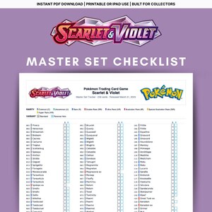 Puede incluir: Una lista de verificación imprimible del conjunto maestro para el juego de cartas coleccionables Pokémon: Escarlata y Violeta. El documento incluye una lista de cartas, indicadores de rareza y opciones de variantes.