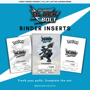 May include: Binder inserts featuring the "Scarlet & Violet Black Bolt" design. The inserts include the Pokémon logo and card number /086. The design is in full art, light ink, and monochrome. The text reads "Track your pulls. Complete the set."
