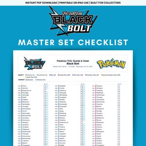 Może przedstawiać: Cyfrowa lista kontrolna dla zestawu mistrzowskiego Pokémon TCG Scarlet & Violet Black Bolt. Dokument zawiera niebieskie tło z logo zestawu i listę kart, w tym rzadkość i opcje wariantów. Tekst "Master Set Checklist" jest wyraźnie wyświetlany.