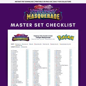 May include: A master set checklist for the Pokémon TCG: Scarlet & Violet Twilight Masquerade set. The checklist includes a list of cards with their rarity and variant, such as Common, Uncommon, Rare, and Reverse Holo.