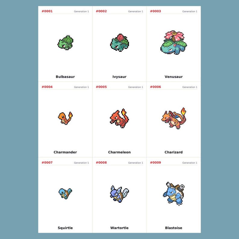 Full colour pixel art National Pokedex binder inserts - retro sprite style placeholder cards for all 1025 Pokemon including Gen 1 Bulbasaur Charmander Squirtle, 9-pocket binder page layout, digital download