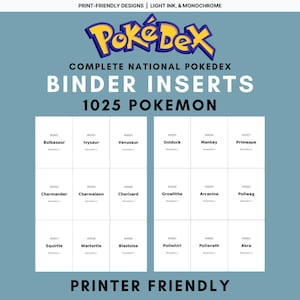 Könnte beinhalten: Eine tealfarbene Grafik mit dem Pokédex-Logo und Text für Ordner-Einsätze. Das Design enthält ein Raster mit Pokémon-Namen und -Nummern, wie z. B. Bulbasaur und Charmander, mit den Worten "Printer Friendly."
