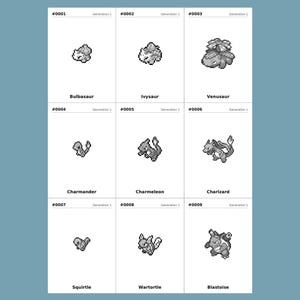 Black and white pixel art National Pokedex binder inserts - retro sprite style placeholder cards for Pokemon TCG collectors, 9-pocket binder page layout showing Gen 1 starters Bulbasaur Charmander Squirtle, printable digital download