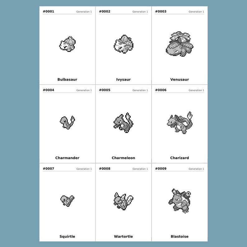 Black and white pixel art National Pokedex binder inserts - retro sprite style placeholder cards for Pokemon TCG collectors, 9-pocket binder page layout showing Gen 1 starters Bulbasaur Charmander Squirtle, printable digital download