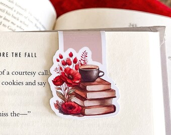 Floral Book and Coffee Magnetic Bookmark | Books, Journals, Notebooks, Planner | Red flowers, red poppies, flower bookmark, red poppy