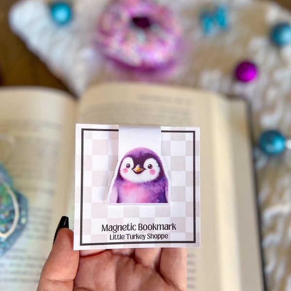 Purple Penguin Magnetic Bookmark | Little Turkey Shoppe | cute winter bookmark, christmas bookmark, christmas reading, cute animal bookmark