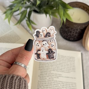 May include: A sticker featuring a jar filled with ghost-shaped cookies. The ghosts are in various colors, including white, black, and tan. The sticker is held in front of an open book, a small potted plant, and a candle.