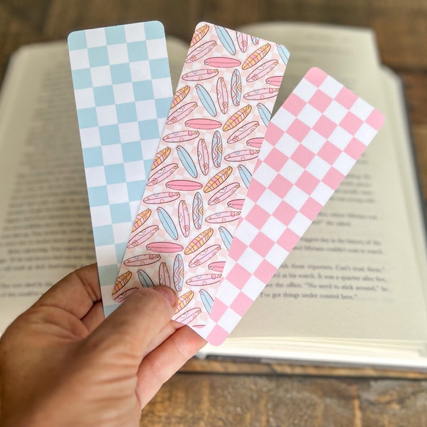 Pink Surf Checkered Bookmark | Books, Journals, Notebooks, Planners | pink checkered bookmark, blue checkered bookmark, cute girls bookmark