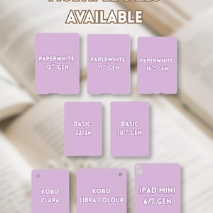 May include: A collection of light purple e-reader and tablet cases labeled with device models including Paperwhite 12th, 11th, and 10th Gen, Basic 22/24 and 10th Gen, Kobo Clara, Kobo Libra Colour, and iPad Mini 6/7 Gen. Text reads MULTIPLE SIZES AVAILABLE.