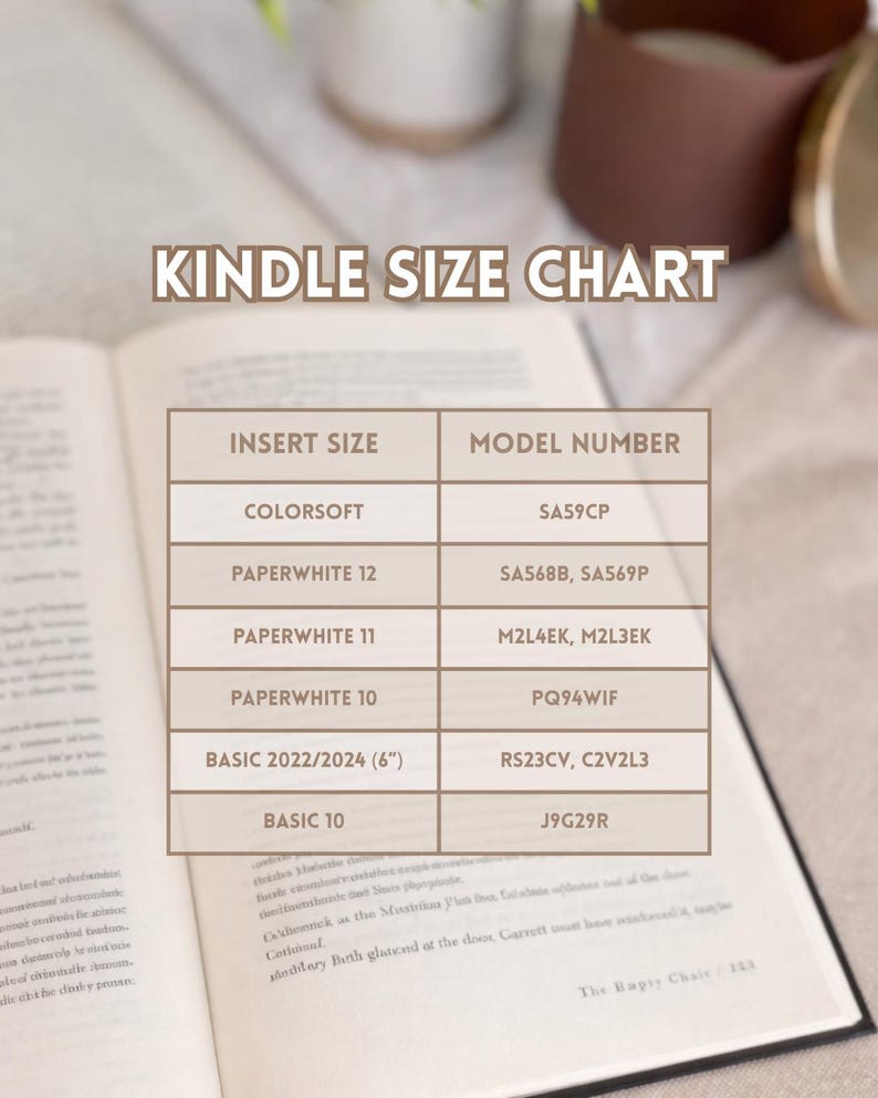 May include: A Kindle size chart graphic with white text on a brown background. The table lists insert sizes and model numbers for various Kindle devices, including Colorsoft, Paperwhite 12, 11, 10, and Basic 2022/2024 6 inch and Basic 10 models.