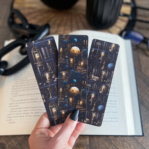 Night Library Bookmark | Little Turkey Shoppe | dark academia bookmark, astronomy, dark bookstack, space bookmark, booktok, bookshelf