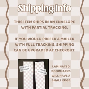 May include: Two rectangular bookmarks featuring a light beige and white checkered pattern. One bookmark is laminated with a visible clear border, while the other has a matte finish. Labels on the bookmarks read Laminated Bookmark and Matte Bookmark.