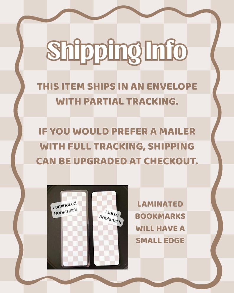 May include: Two rectangular bookmarks featuring a light beige and white checkered pattern. One bookmark is laminated with a visible clear border, while the other has a matte finish. Labels on the bookmarks read Laminated Bookmark and Matte Bookmark.