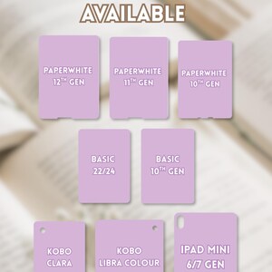 May include: A collection of light purple rectangular e-reader and tablet covers labeled with device names including Paperwhite 12th, 11th, and 10th Gen, Basic 22/24 and 10th Gen, Kobo Clara, Kobo Libra Colour, and iPad Mini 6/7 Gen under the text Multiple Sizes Available.