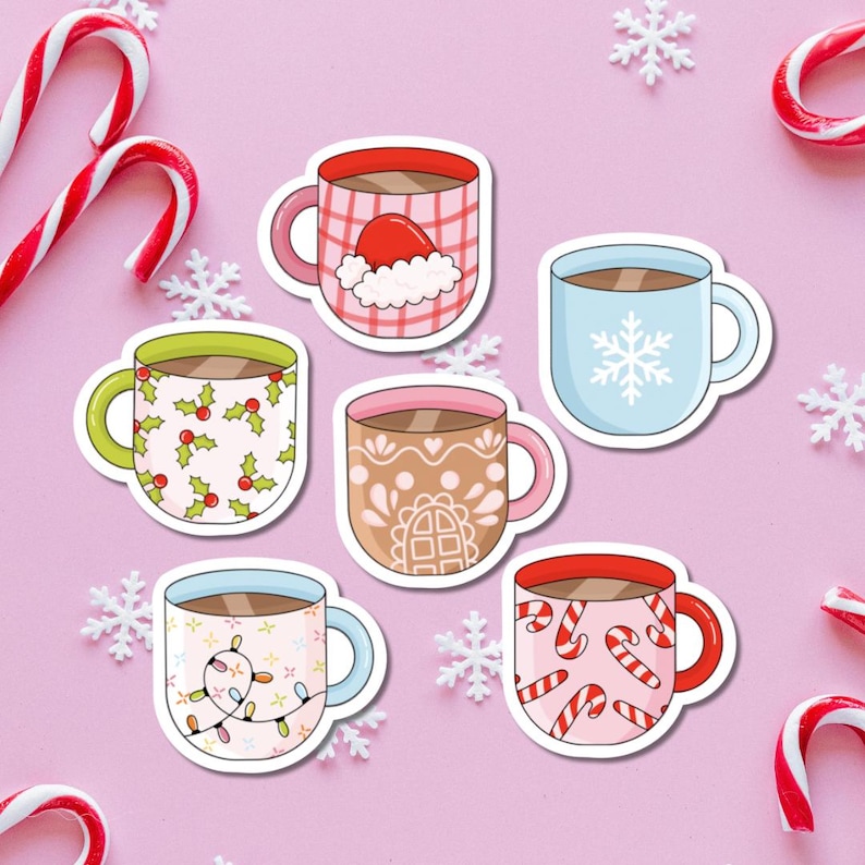 May include: Six different Christmas-themed mugs with various designs. The mugs are all white with a red rim and handle. The designs include a Santa hat, a snowflake, holly leaves, a gingerbread house, Christmas lights, and candy canes.